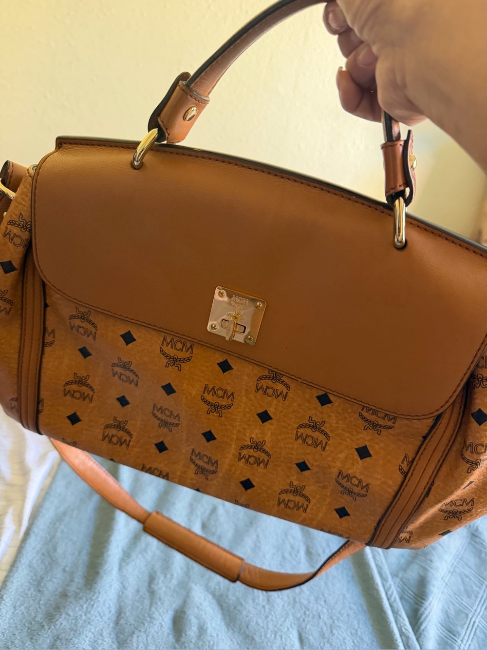 MCM Cognac Logo Satchel with Gold Hardware